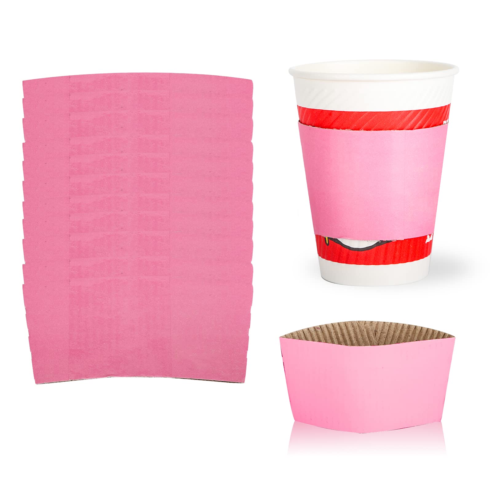 Disposable Coffee Cup Sleeves Corrugated Kraft Paper Coffee Cup Sleeves Holder Protective Insulated Heat Espresso ForHot Drinks 8-24oz (Pink, 100 Pcs)