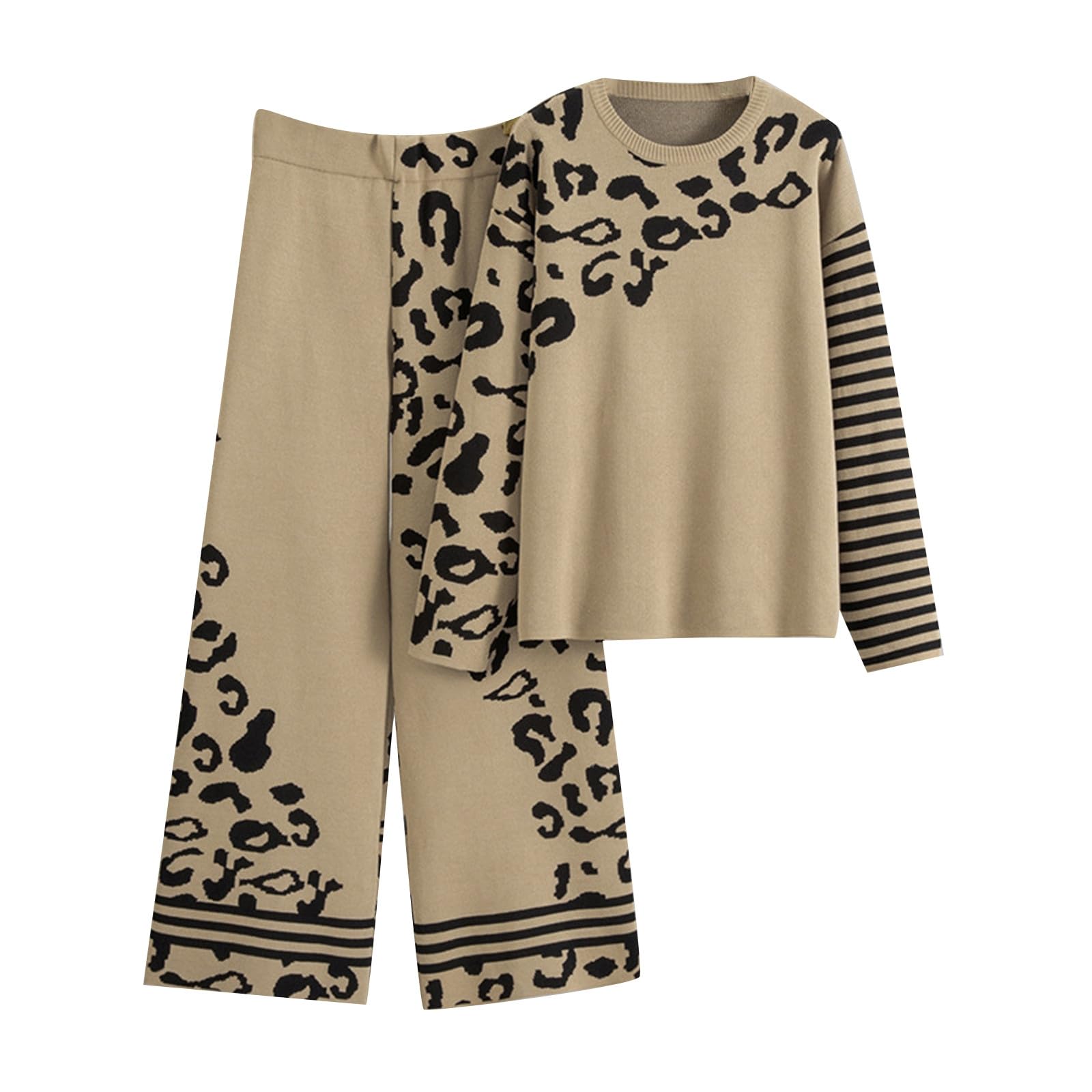 2026 Maglione Invernale Da Donna Due Pezzi Motivo Leopardato Casual Alla Moda Pantaloni Della Tuta Morbido Pullover + Pantaloni da Jogging A Vita Alta Chic e Elegante Confortevole Per Casa