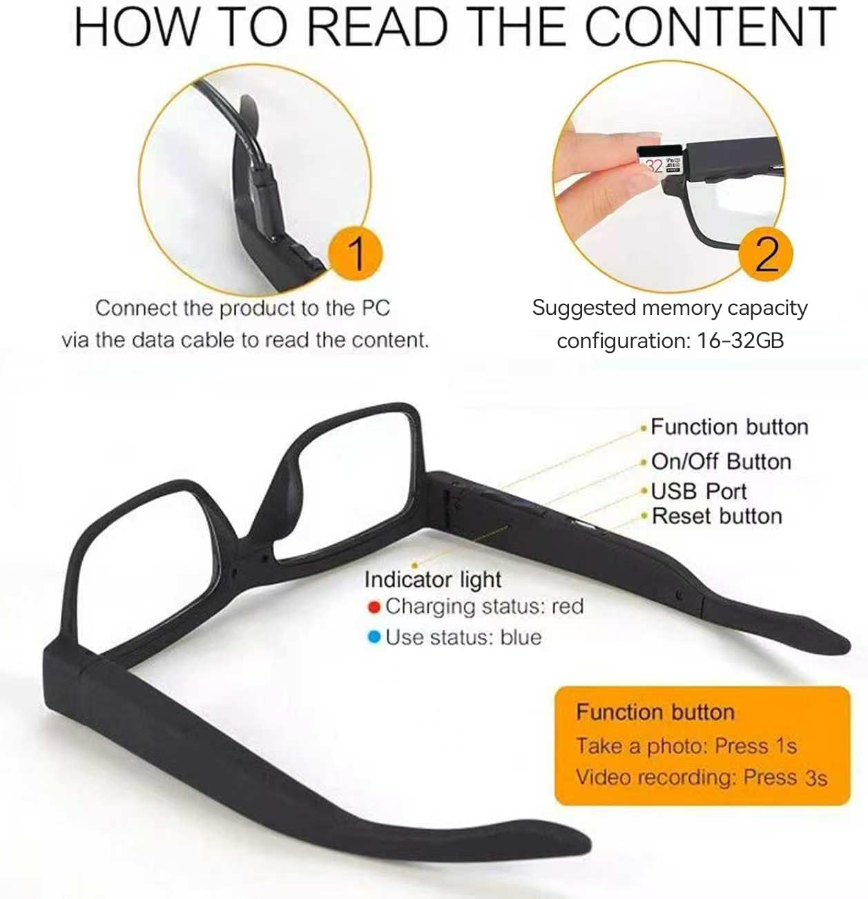 Smart Video Glasses Camera 1080P HD - Portable Wearable Eyewear for Outdoor Sports, Biking & Hiking (Memory Card Not Included)​