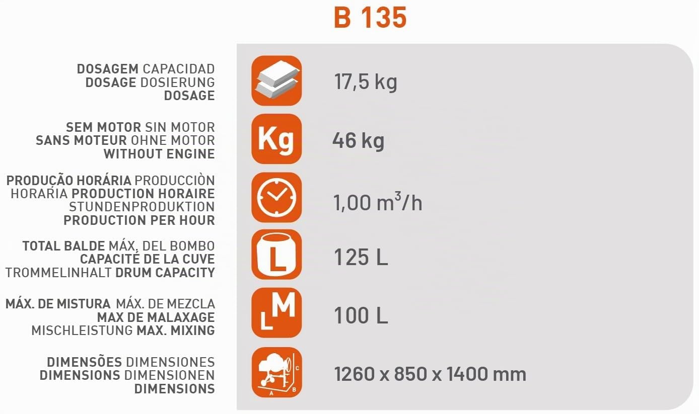B135U Betonmischer 230V Mischmaschine Beton Zementmischer Mörtelrührer (125 Liter Trommelvolumen, 650 Watt Motorleistung, Zahnkranz aus Gusseisen, IP45, Fußbremse) orange