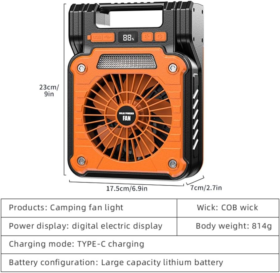 Solar 20000mAh Electric Fan with Led Lights for Tents,Car Camping Hooks and USB&Solar Charging for Hiking,Fishing Green
