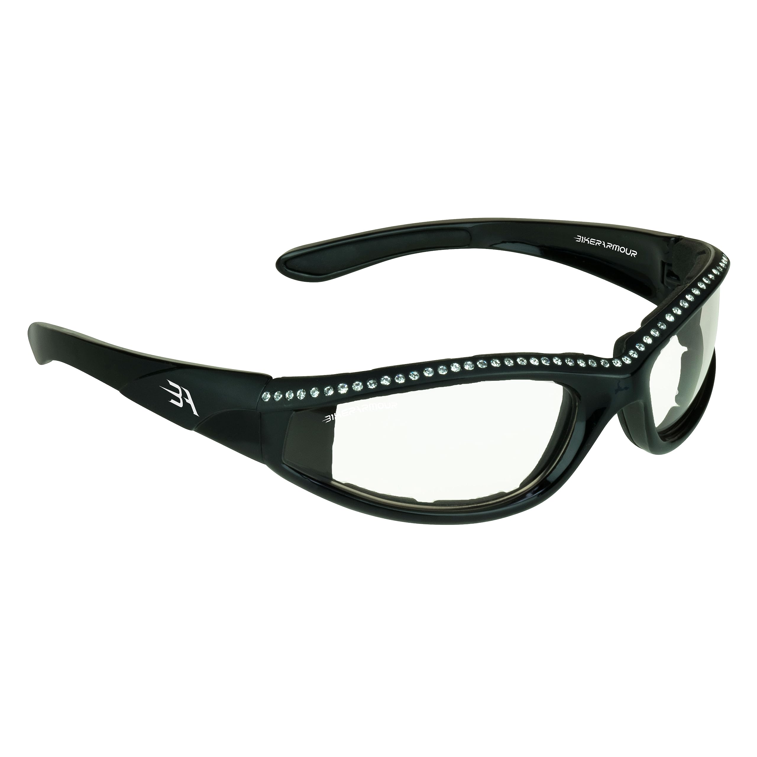 Bikershades Rhinestone Womens Motorcycle Biker Riding Glasses Foam Padded Bling Bling Wrap Blocks Wind Dust Clear Lens Black Frame