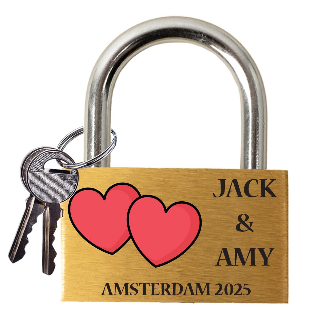 Star Online Gold, Silver Personalized Engraved Love Lock - Wedding & Anniversary Ceremony Gift - Custom Padlock Couples Name Linked Hearts Romantic Bridge Keepsake (Double Hearts)