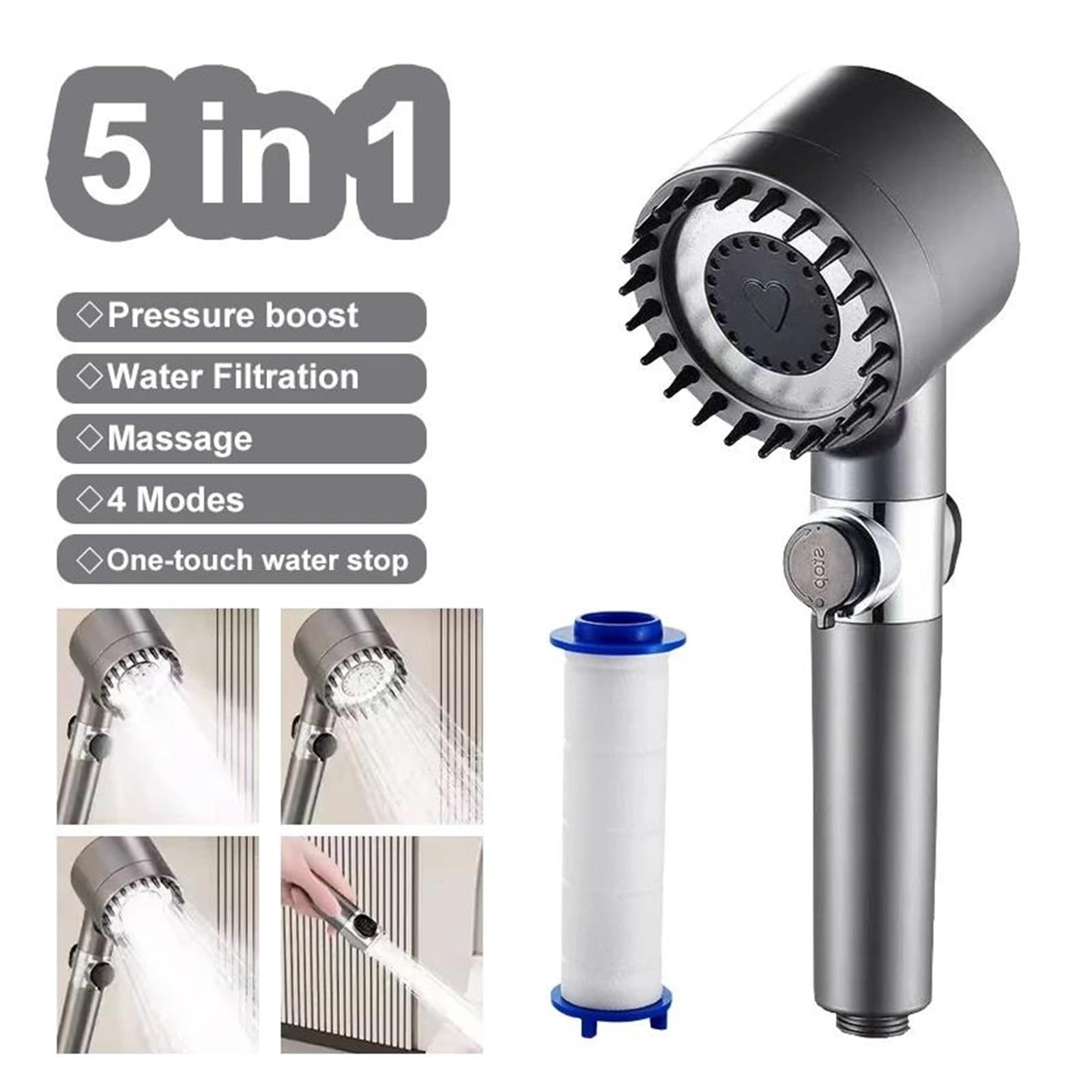 Doccia pressurizzata con 4 modalità di regolazione, soffione ad alta pressione con filtro, doccia idromassaggio per bagno(Shower and 1 Filters)