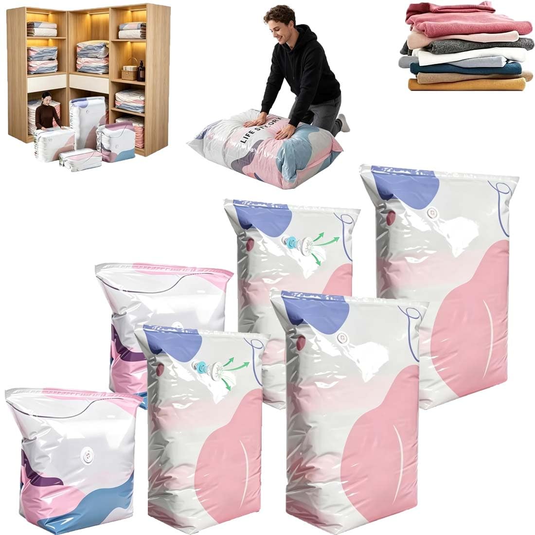 Sacchetti sottovuoto senza pompa, sacchetti salvaspazio riutilizzabili | A compressione, pieghevoli e di facile stoccaggio per contenere vestiti, lenzuola, piumoni
