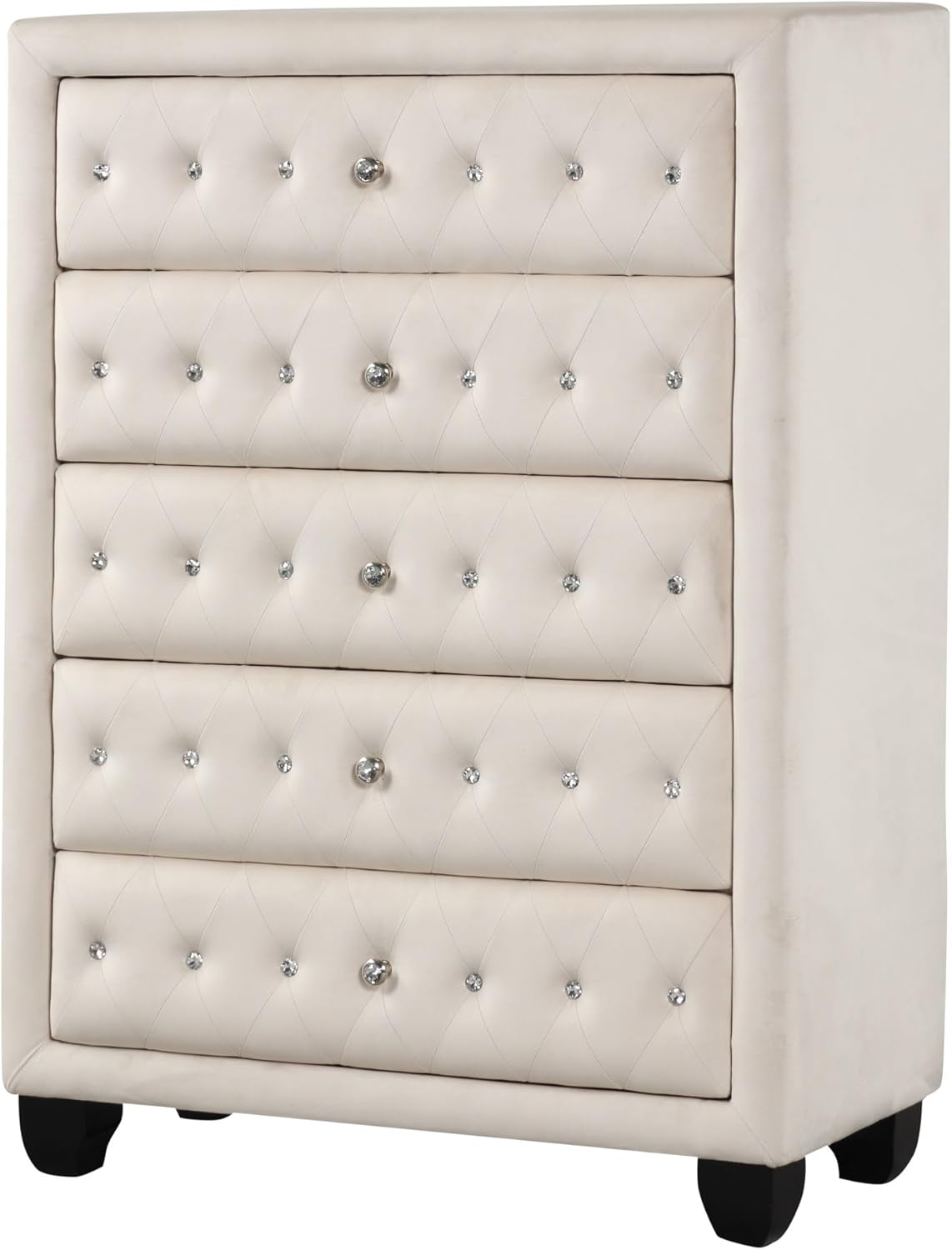 Modern Style Crystal Tufted Upholstered 5 Drawer Chest of Drawers with Velvet Fabric