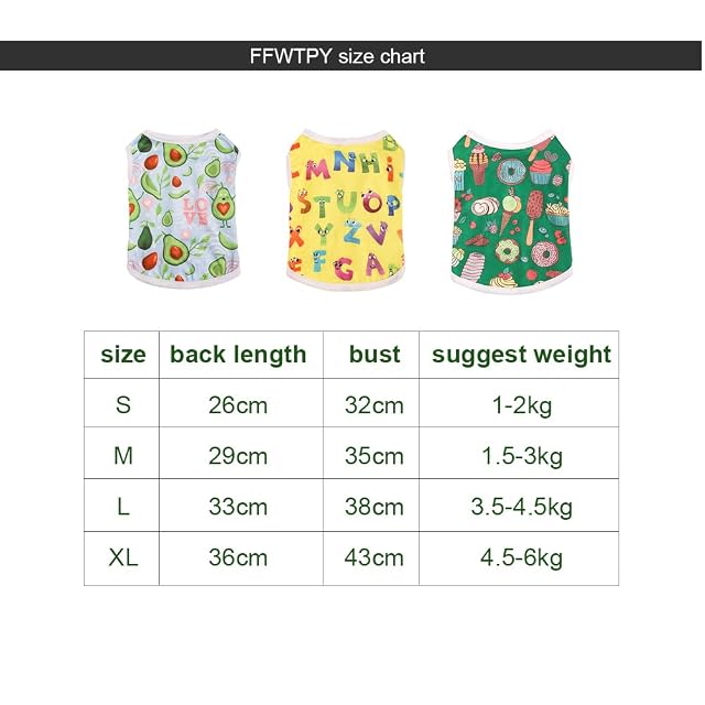 Foto 2 de 7 de FFWTPY 3 Piezas Camisetas para Perros Lindo Chaleco Suave con Estampado de Frutas Camiseta Sin Mangas Traje…