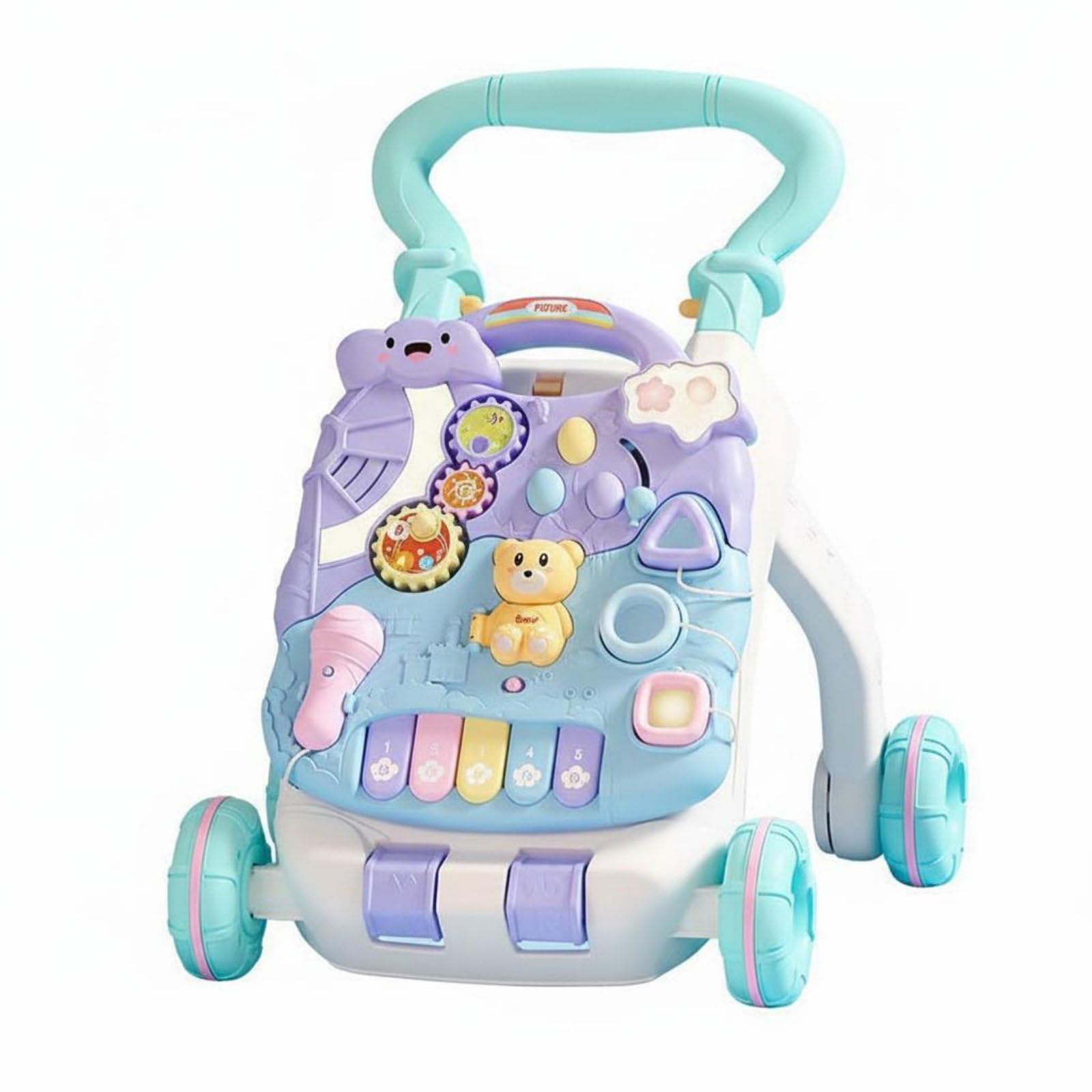 Colcolo Kinder Lernlaufwagen Lauflernwagen Spieltisch Aktivitätscenter mit Abnehmbarem Panel Lichtern Musik Klaviertasten Zahnrädern Formsortierer für Erstes Gehen Zuhause, Blue Piano Table