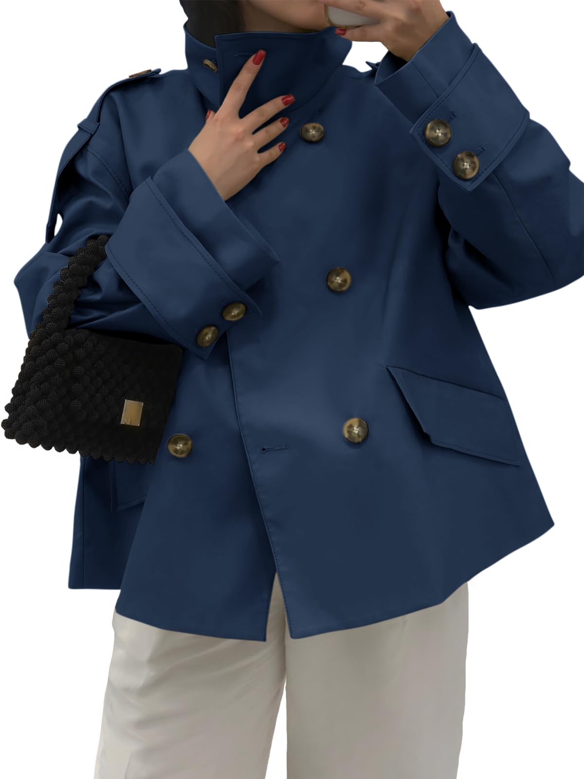 Tankaneo Trench corto da donna, oversize, doppiopetto, colletto alla coreana, giacca corta autunnale casual da lavoro