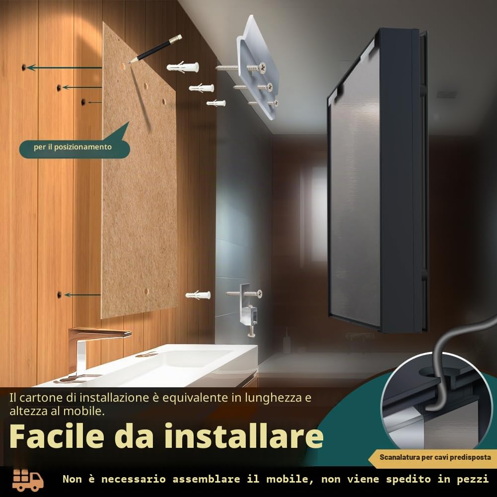 KWW LED Illuminato Bagno Medicine Cabinet con Specchio, Temperatura di Colore Regolabile, Luci Dimmabili Anti-Nebbia, Outlet & USBs, Armadio Medico Montato A Parete (75.2_x_70_cm)