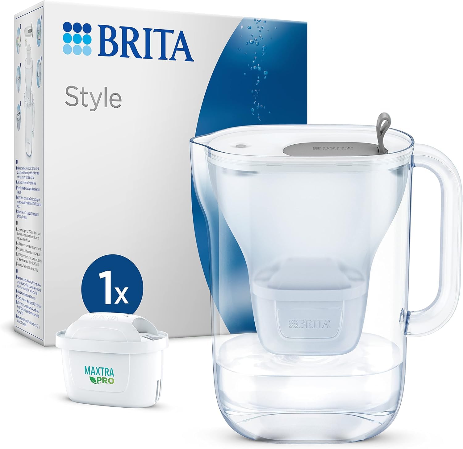 BRITA Jarra filtrante estilo gris (2,5 l) incl 1 cartucho filtro agua grifo MAXTRA PRO All-in-1 reducido PFAS*,piedra caliza, cloro, algunas impurezas y metales indicador tiempo y volumen vertido