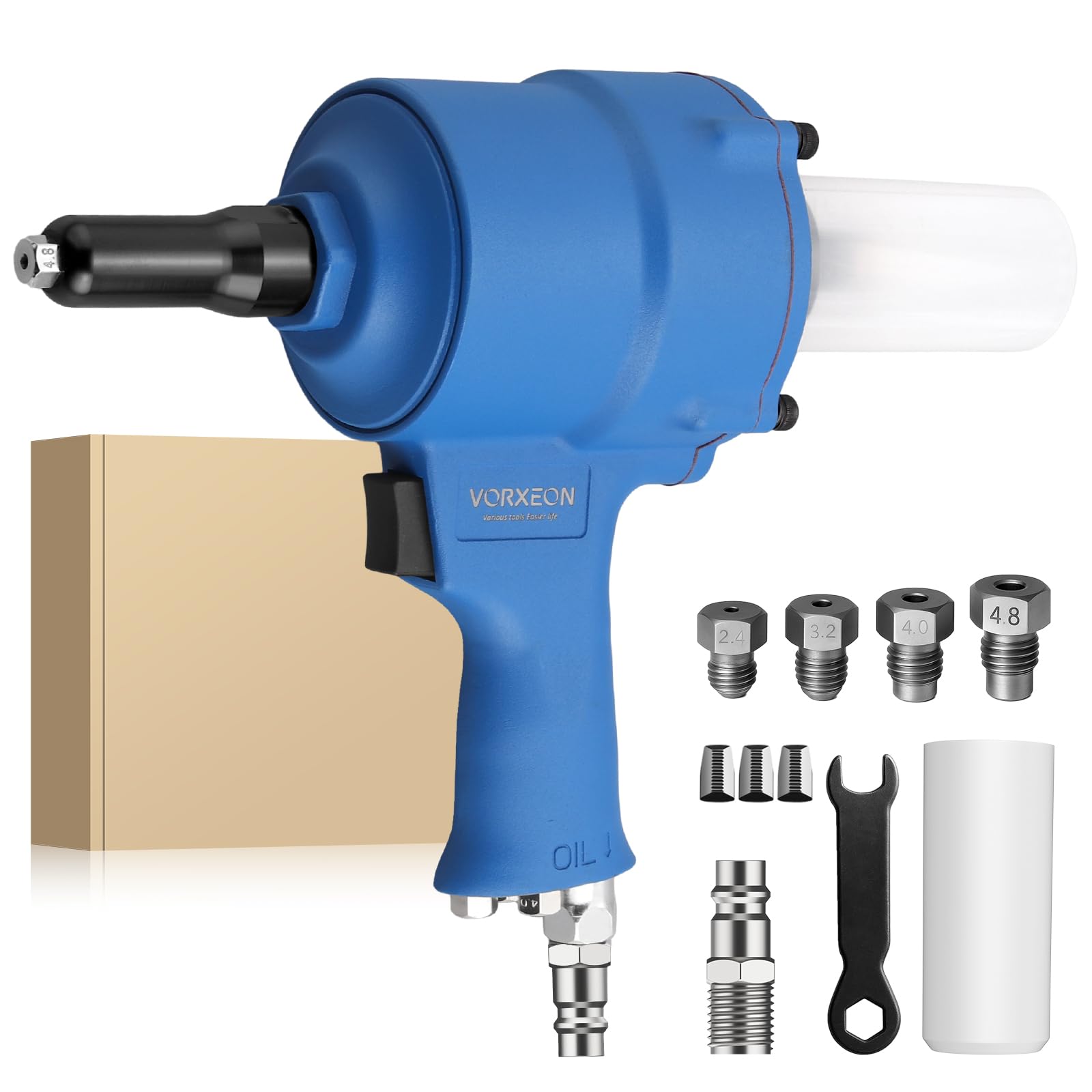 Set Rivettatrice Pneumatica Autoaspiranti, Forza di Trazione 1000KGF Con 4 Bocchette (2,4 mm, 3,2 mm, 4,0 mm, 4,8 mm) Pistola Rivettatrice ad Aria Compressa per Uso Domestico