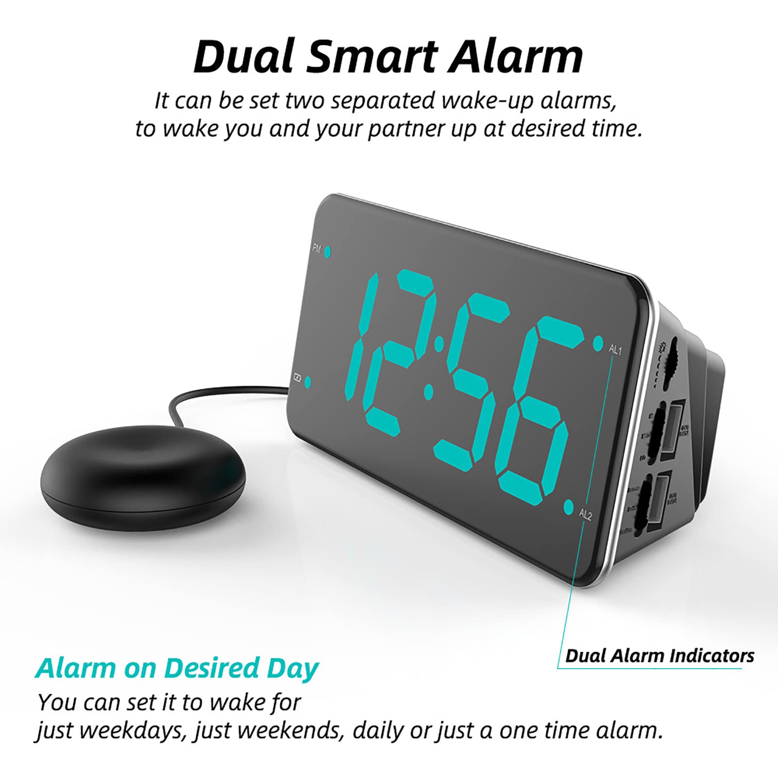 Reloj despertador con agitador de cama para personas que duermen mucho con función de vibración, pantalla LED de 7 pulgadas y alarma dual, perfecto para personas sordas y con discapacidad auditiva,
