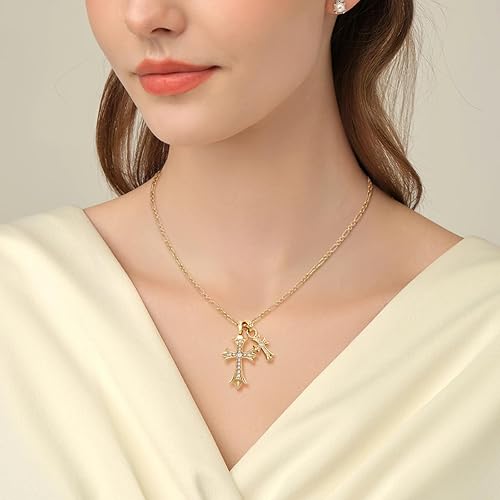 Miniatura 4 de Gold Cross Necklace for Women,14K Gold-Plated Double Cross Necklace Non Tarnish,Handcrafted Double Cross Pendant,Cubic Zirconia Couple Style Jewelry