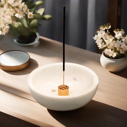 Miniatura 1 de KC KULLICRAFT Soporte de incienso de mármol natural y latón, quemador de incienso para meditación con 9 agujeros de incienso, adecuado para la