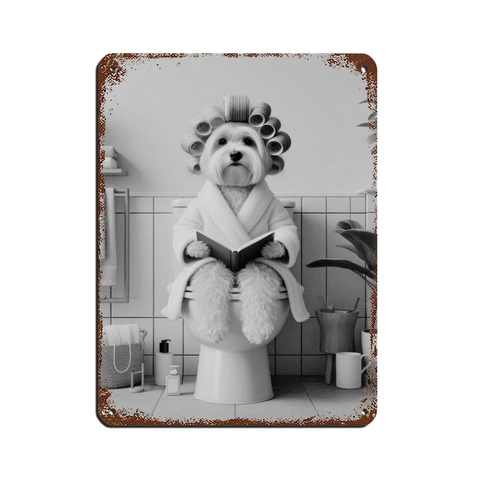 Dog on Toilet Reading Book Tin Sign Vintage Metal Pub Club Cafe Bar Home Wall Art Decoration Poster Retro 12x16inch(30x40cm)
