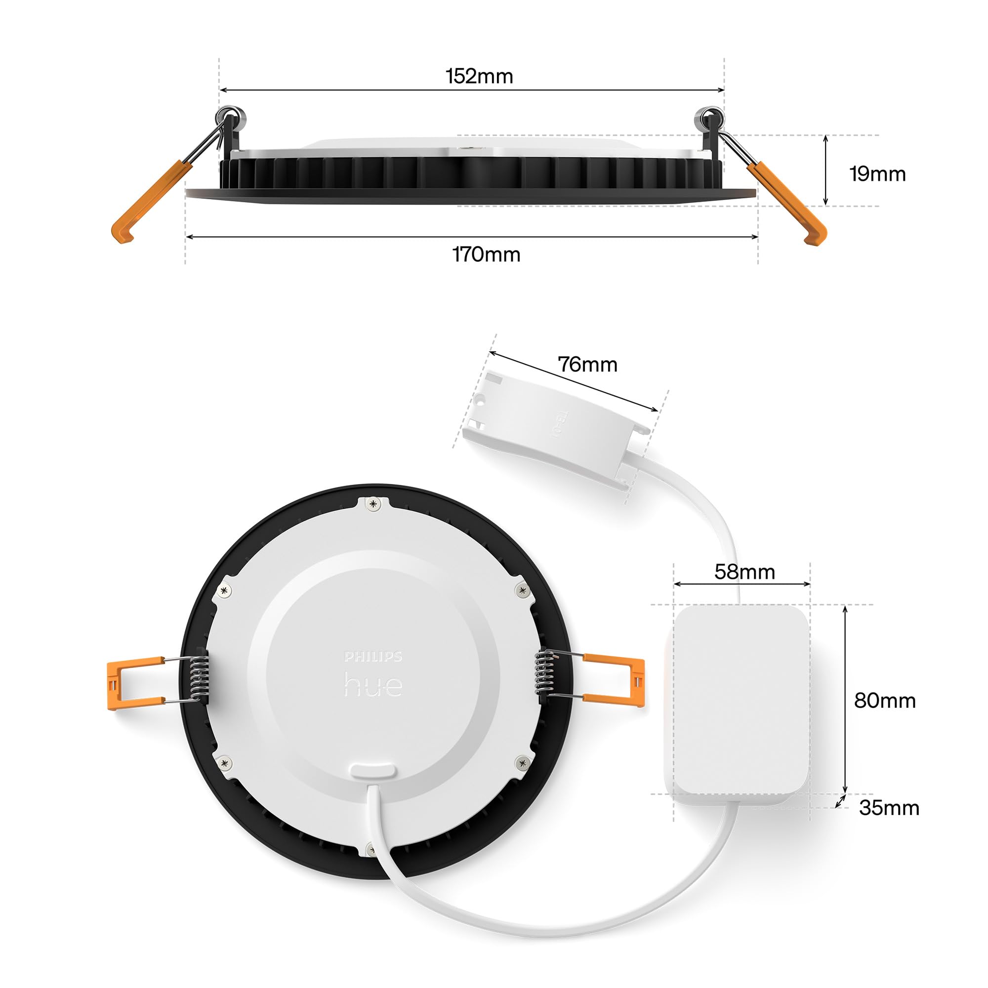 Philips Hue Slim Downlight, Smarte LED-Beleuchtung, 1.000 lm, 90 mm, Schlankes Design, Vollspektrum-Tagesl. 1.000–20.000 K, Extrem Stufenlos Dimmbar, Präzise Farbe, Smart Lighting, Schwarz, 3er-Pack