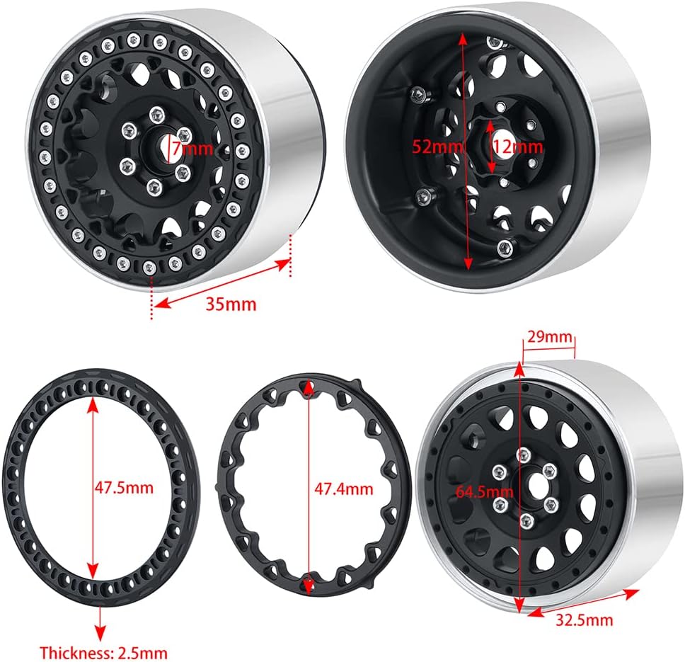 RCLIONS 2.2inch Beadlock Wheels 35mm RC Aluminum Rims for AXIAL Wraith RR10 TRX4 1/10th RC Crawler Truck Car (Black)