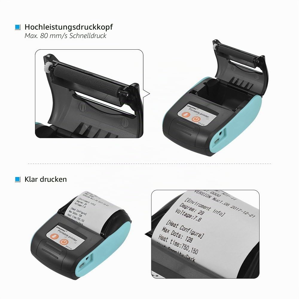Leslaur PT-210 Tragbarer Thermodrucker Handheld 58mm-Empfangsdrucker für Einzelhandelsgeschäfte Restaurants Fabriken Logistik, 10 Papierrollen
