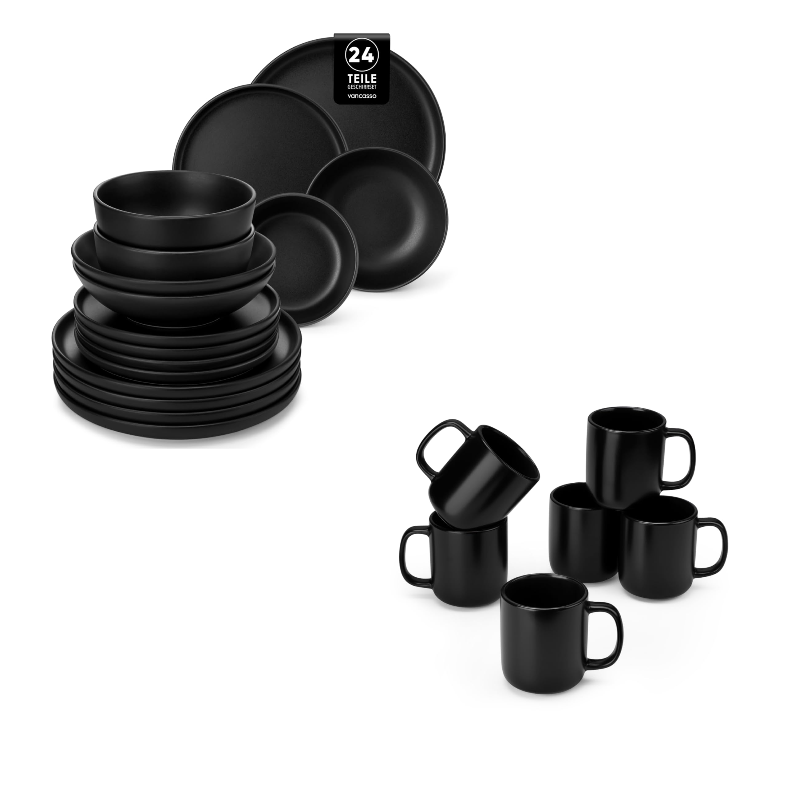 Geschirrset 6 Personen, vancasso PLAYA Steingut Geschirr set 24tlg für 6 Personen, Schwarz Tafelservice mit Kaffeetassen set 6er