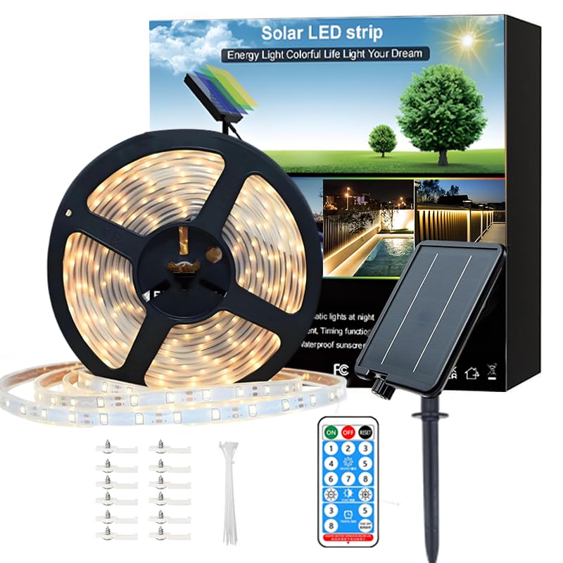 Meewata Bande lumineuse solaire LED pour extérieur, 15 m, auto-adhésive, étanche, 8 modes avec minuterie à distance et marche/arrêt automatique, parfaite pour terrasse, patio, allées, décoration de