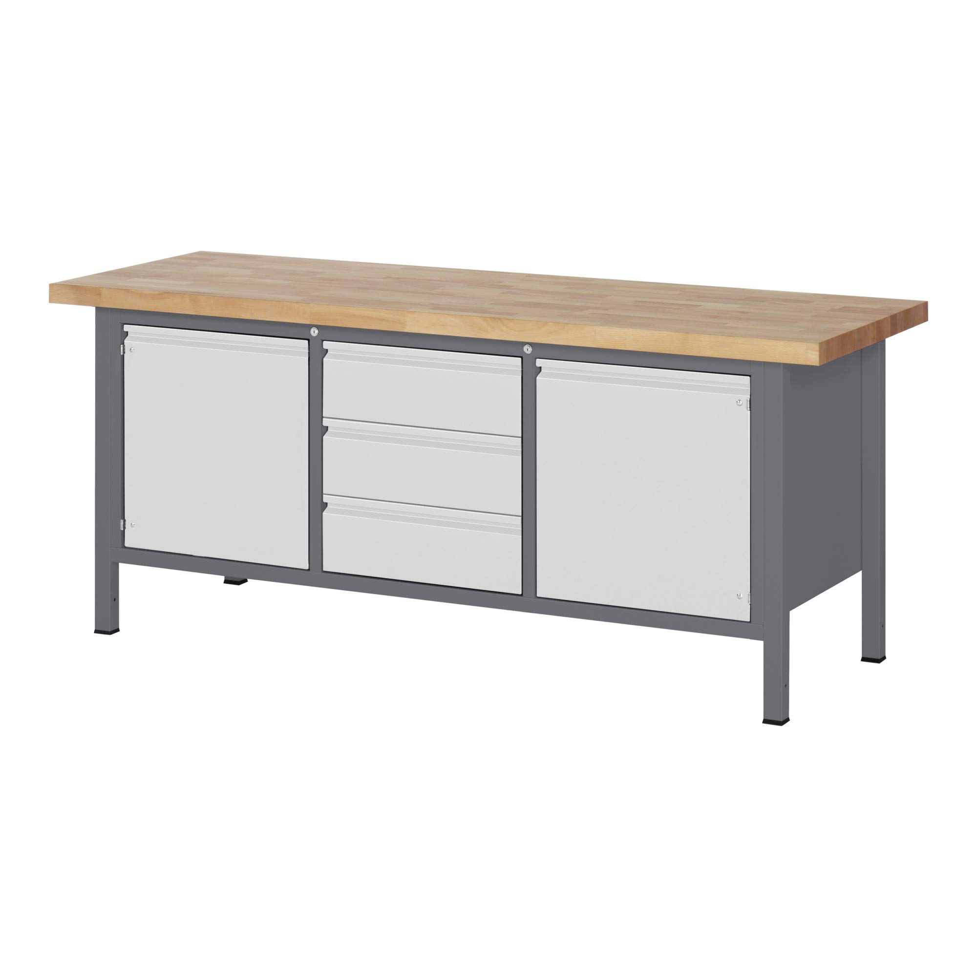 STIER Höhenverstellbare Werkbank Premium, 3 Schubladen und 2 Türen, 200x70x84-104cm, Stahl und Buche