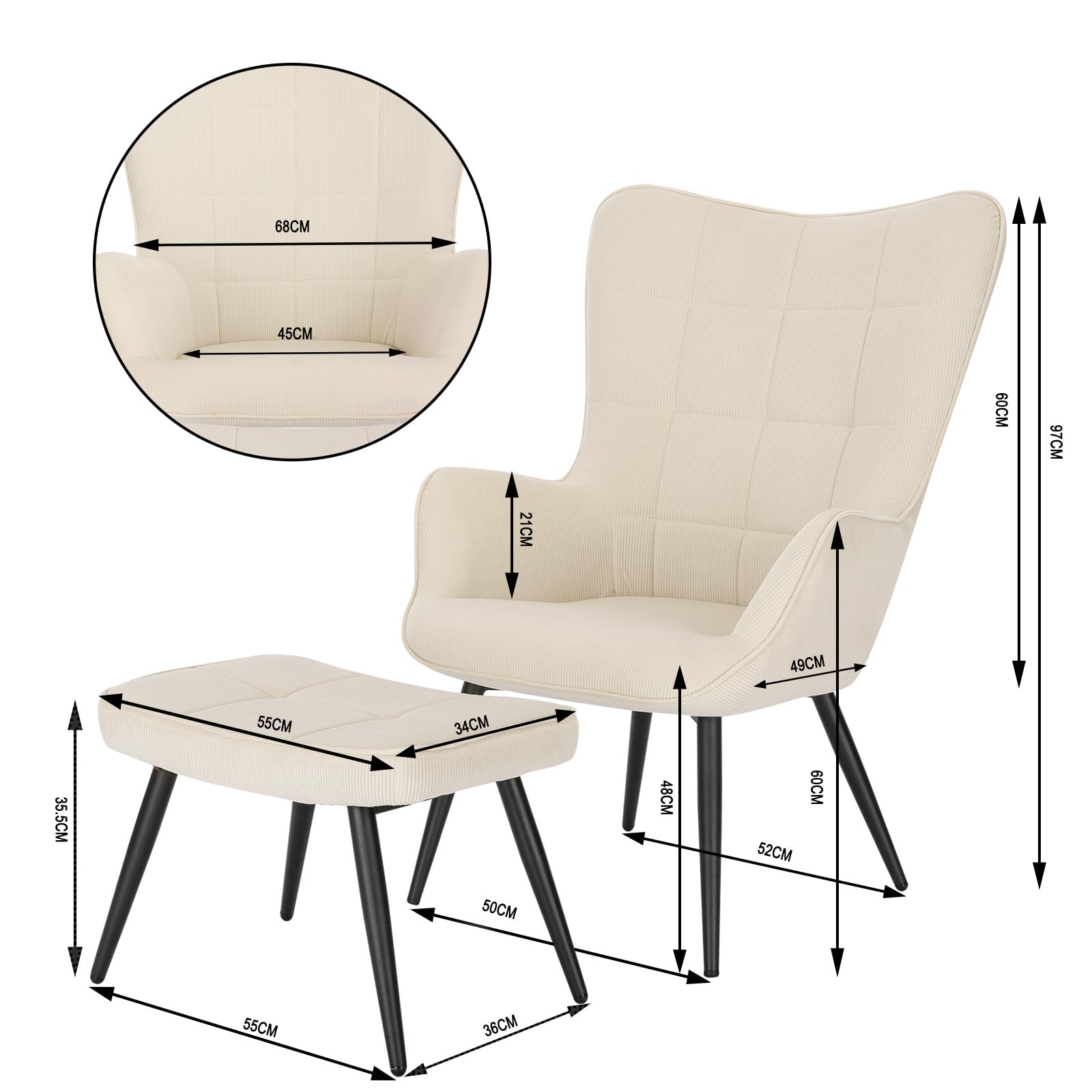 WOLTU Sillón de Relax con Reposapiés, Respaldo Alto, Blanco Crema | Salón con Taburete, Silla de Salón de Escritorio con Escabel, reposabrazos, patas de metal, Topes en Patas