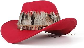 LQBYWL Sombrero de vaquero occidental de fieltro de lana para mujer, adecuado para vaquera CaletteFeather Cowboy Hat (tamaño: 58 cm, cuerda de ajuste) (color: rojo, tamaño: 56-59 cm)
