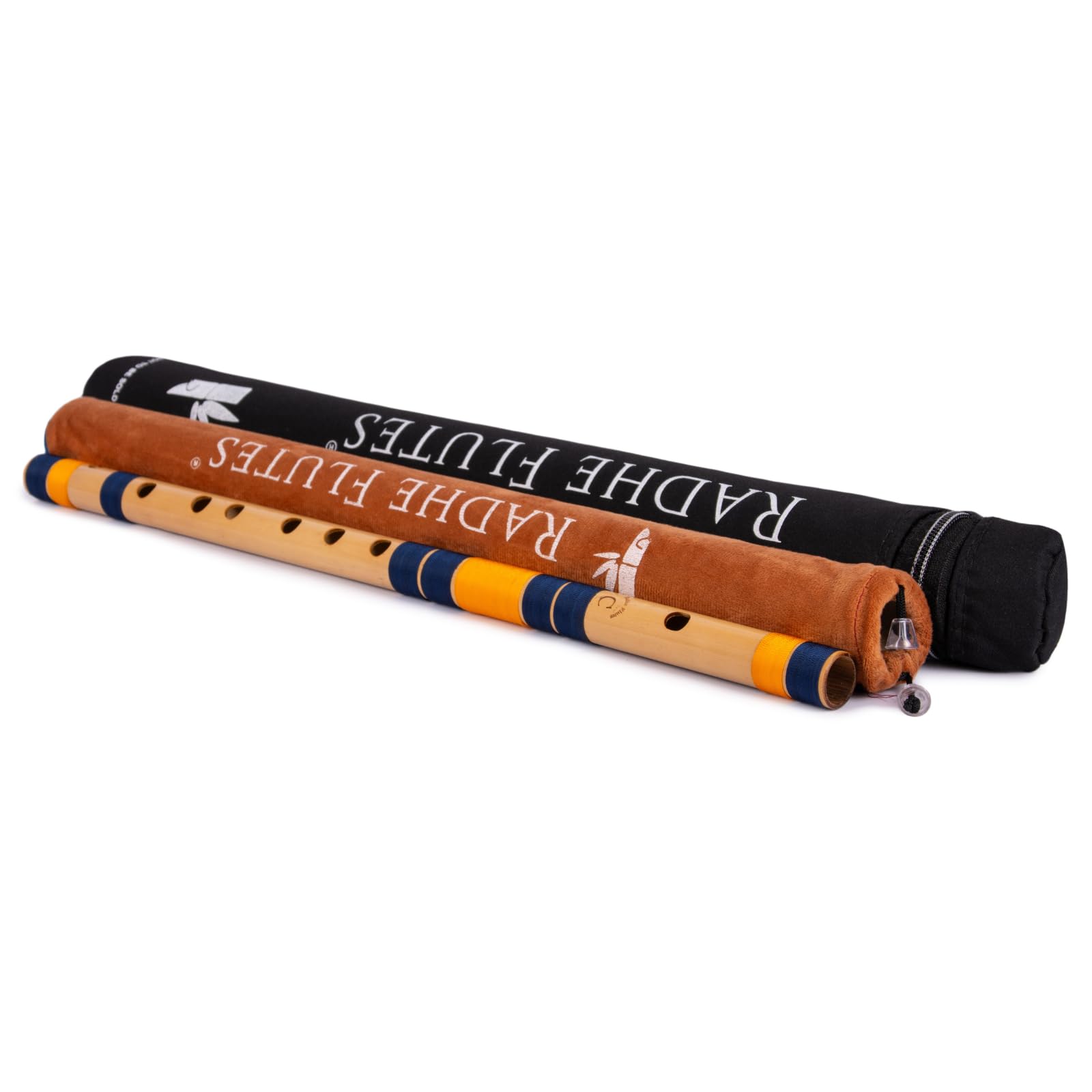 Radhe Flutes Professionelles Bambus-Bansuri, C Natur, Rechtshänder, mittlere Oktave, mit festem Einband, Samtbezug und Papierröhre, Dunkelblau und Orange