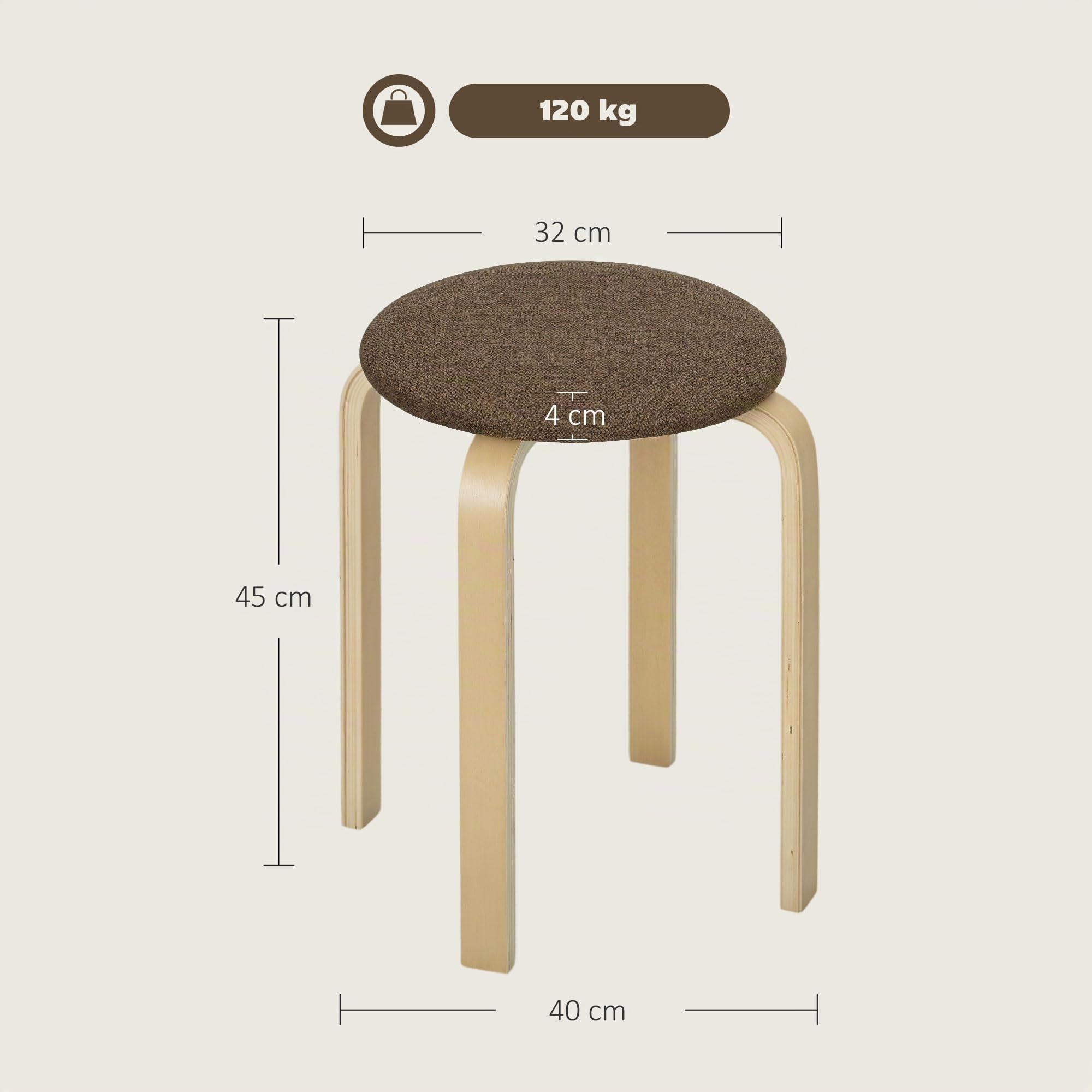 HOMCOM - Lot de 4 tabourets ronds empilables - Tabourets de cuisine bas avec assise rembourrée pour salle à manger, chambre à coucher, bureau, salon - Marron et naturel