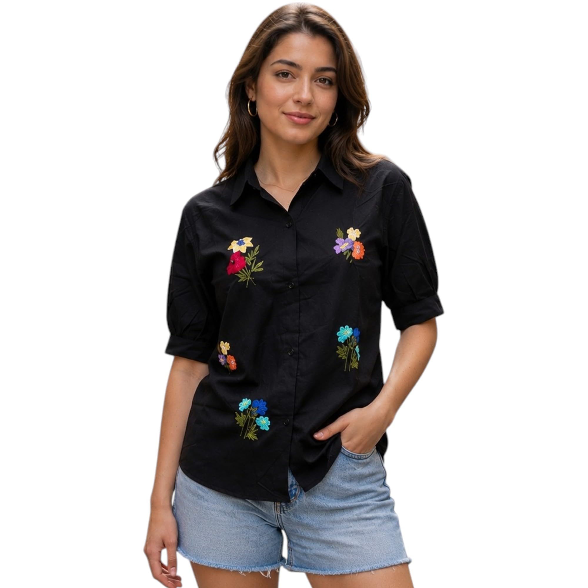 rieka GUFRINA Women Western Solid | Floral Korean Style Embroidered Button-Down | Puff Sleeve Relaxed Fit Casual Cotton Blend Shirt for Office-picture-31