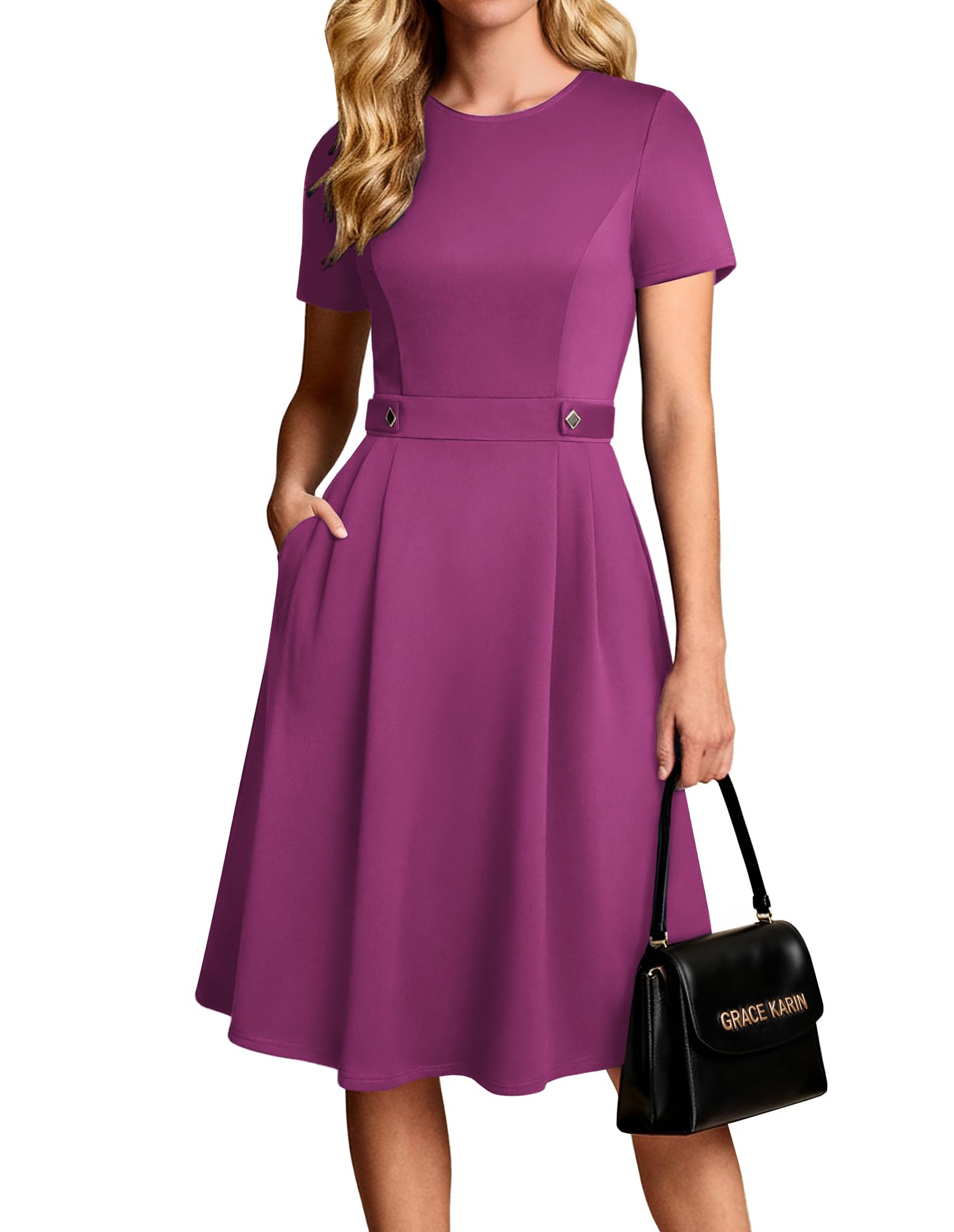 GRACE KARIN Elegancka sukienka damska, o linii A, okrągły dekolt, z kieszeniami, biznesowa, odświętna, rockabilly