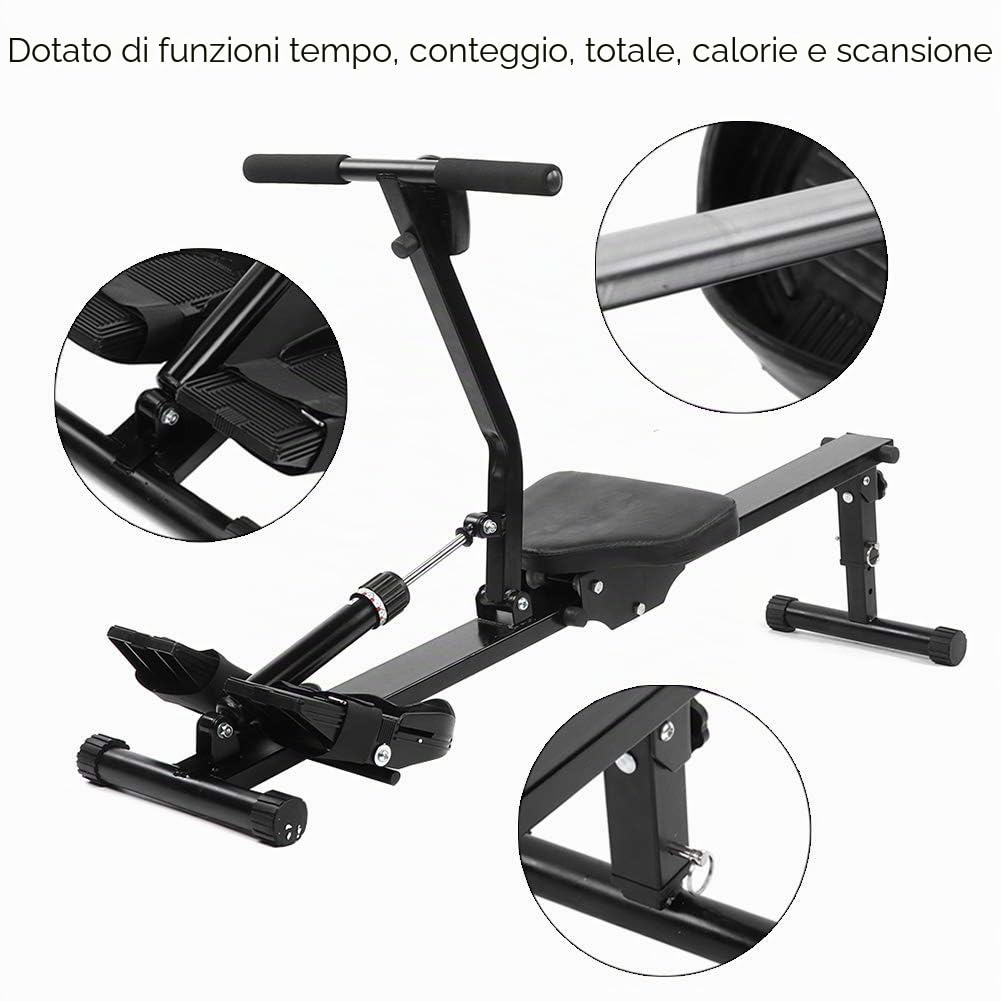 Dioche vogatore casa pieghevole con tracolla pedale regolabile, resistenza pistone, display LCD, nero, portata fino a 120 kg