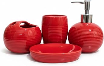 4 Piece Red Bathroom Accessories Modern Ceramic Bathroom Accessories Set Including Soap Dispenser, Toothbrush Holder, Tumbler and Soap Dish