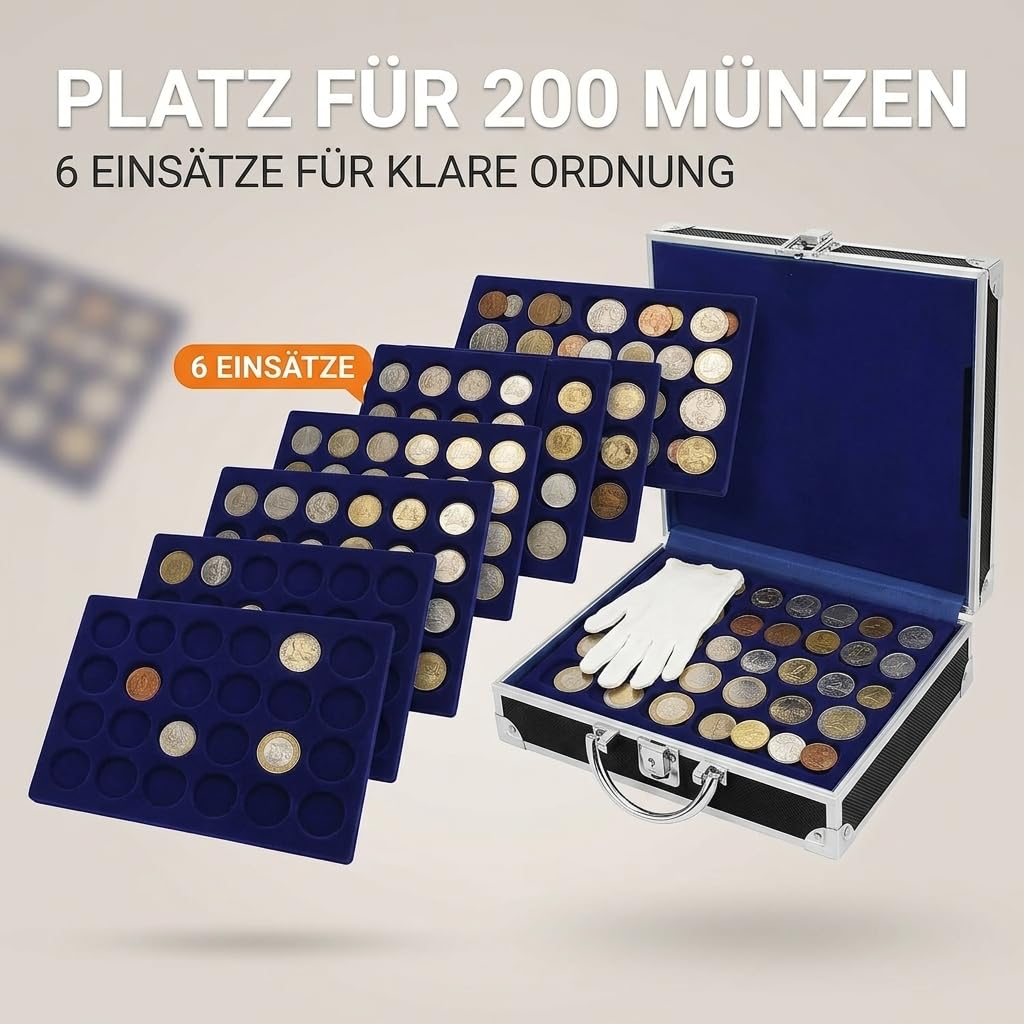 SAFE 9801 Valigia porta monete collezione in alluminio | con 6 vassoi per 200 monete di diverse dimensioni | Per 2 euro commemorativi, monete euro da collezione