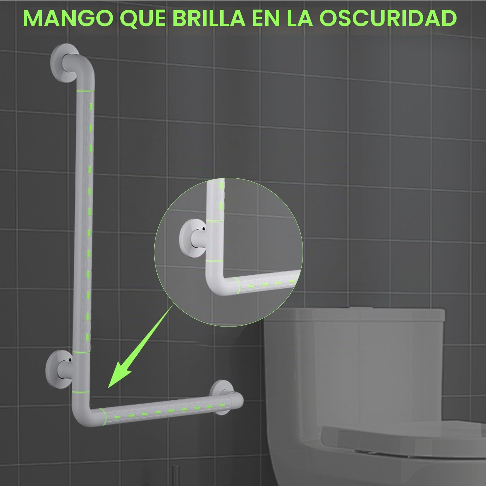 modunful Agarraderas Baño para Mayores, Barras de Apoyo para Baño para Minusvalido 70 x 50 cm, Asa de Seguridad Antideslizante con Anillo Fluorescente, Asidero Ducha de Acero Inoxidable y Nylon