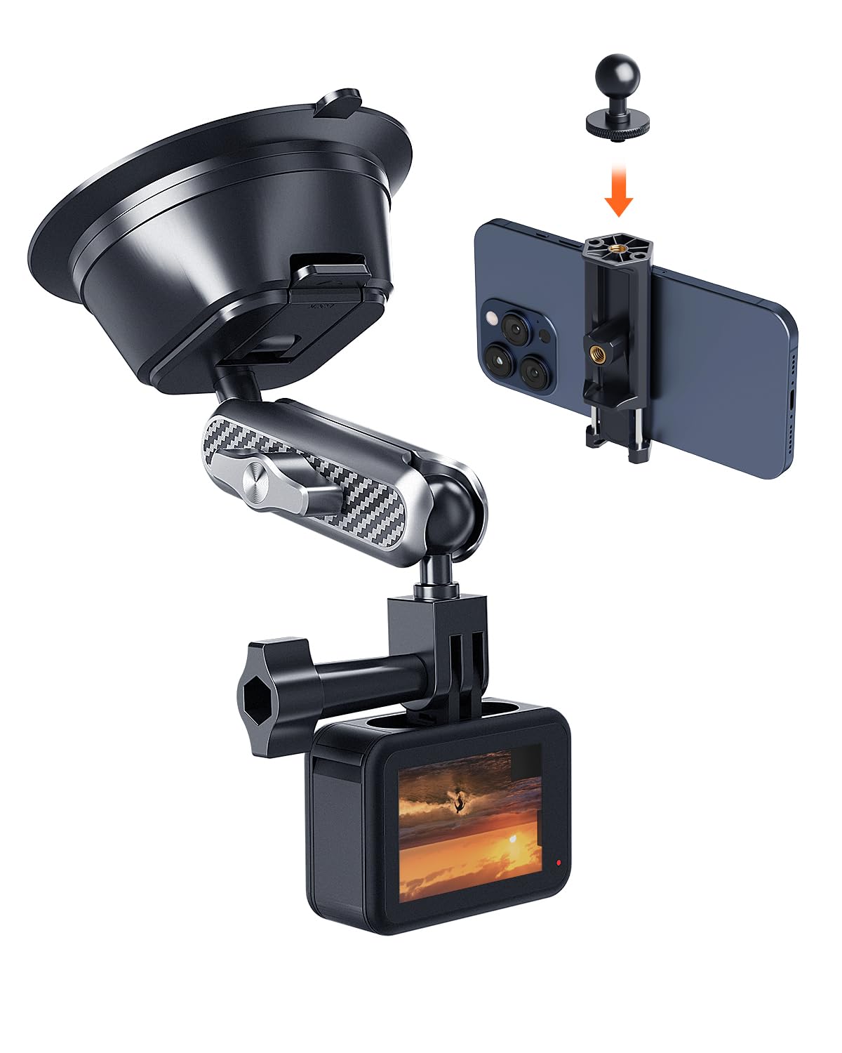 A2C Suction Cup Mount for Gopro iPhone, Anti-Shake Metal Arm Car Camera Mount with 1/4 Thread & Phone Holder, Car Boat Windshield Window VLOG/Video