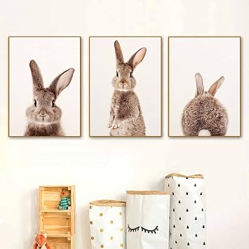 Cute Rabbit Canvas Wall Art Cute Animal Art Nursery Bunny Picture Bunny Rabbit Wall Art Bunny Funny Animal Picture Baby Animal Painting Bunny Tail Picture Watercolor Nursery Print 12x16inchx3 No Frame