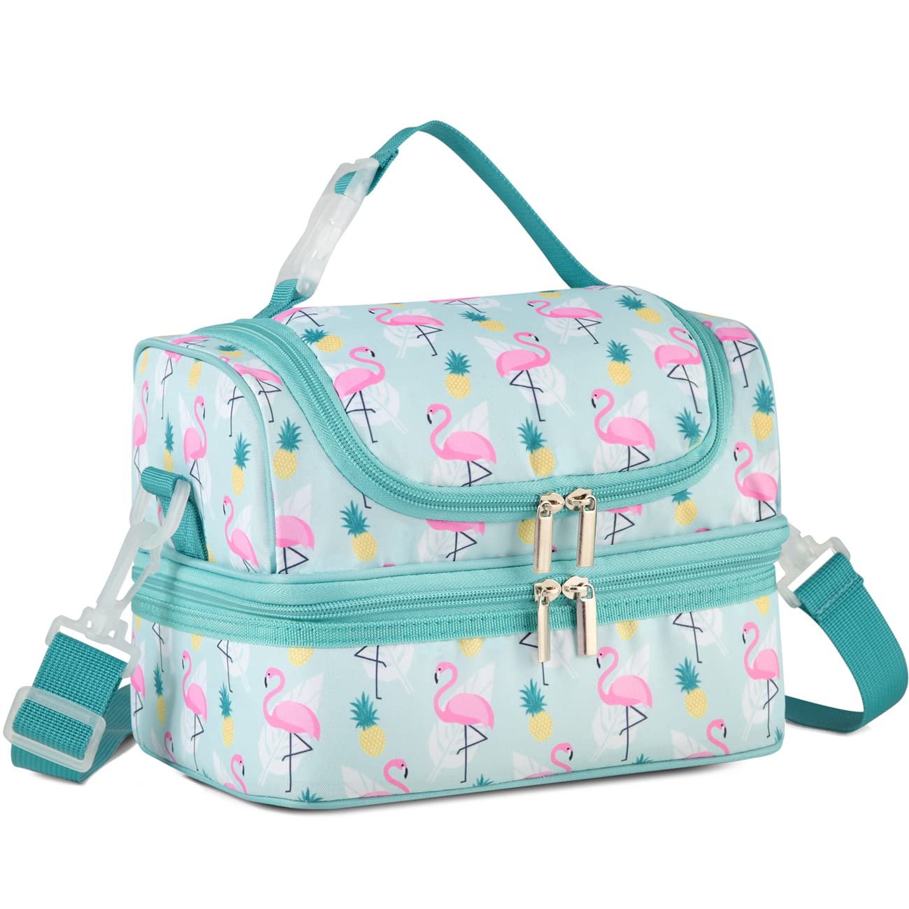 VASCHY Kids Lunch Bag, Portable Lunch Bag with Separate Compartments Reusable Lunch Handbag with Adjustable Shoulder Strap for School and Picnic, Flamingo, Flamingo