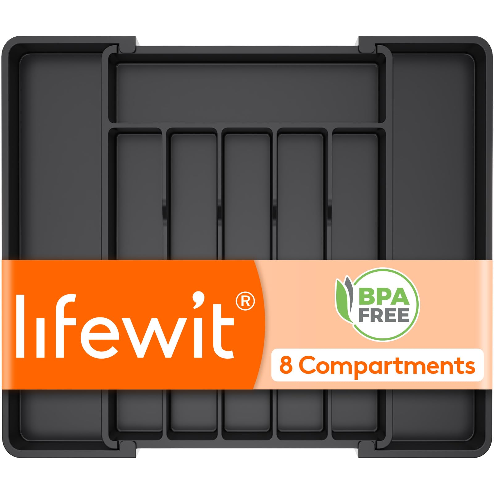Lifewit 실버웨어 서랍 오거나이저, 주방용 확장 가능한 식기 트레이, BPA 프리 플랫웨어 및 커틀러리 홀더, 스푼 포크 나이프를 위한 조절 가능한 플라스틱 보관, 29.9-45.7 x 35.6cm(11-18 x 14인치), 블랙