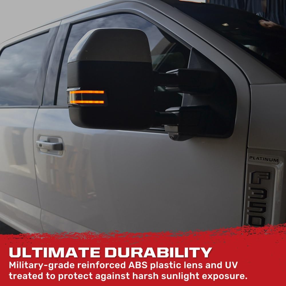 RECON Fits Ford 17-24 Super Duty F250, F350, F450, F550 Premium LED Side Mirror Lenses w/Amber Daytime Running Lights (DRL), Blinking Turn Signals & White Spot Lights - Smoked Lens