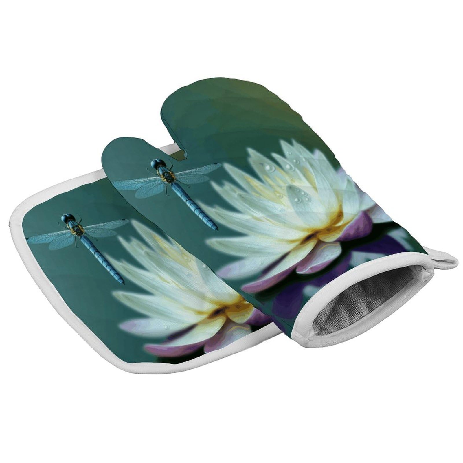Fodpand Style Dragonfly With Water Lily Oven Mitts And Pot Holders Sets, Cooking Gloves And Hot Pads Heat Resistant Washable, Kitchen Oven Glove For Oven Cooking Baking Grilling