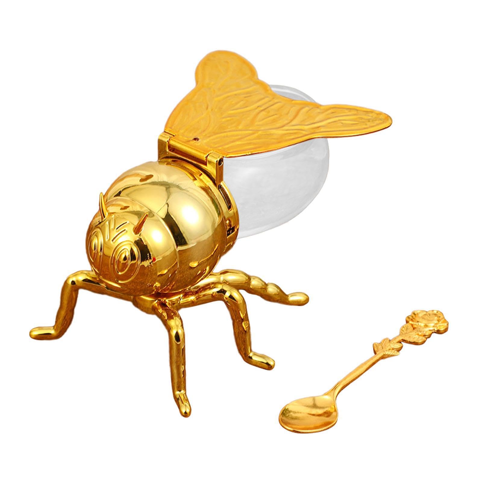 Pixzcsa Gold Rose Bee Honey Jar With Spoon For Creative Modern Unique Honey Container Dining And Home Decor Jar Dipper Set Home Kitchen Alloy Glass Stylish Novelty Bee, 10X15x8.5cm