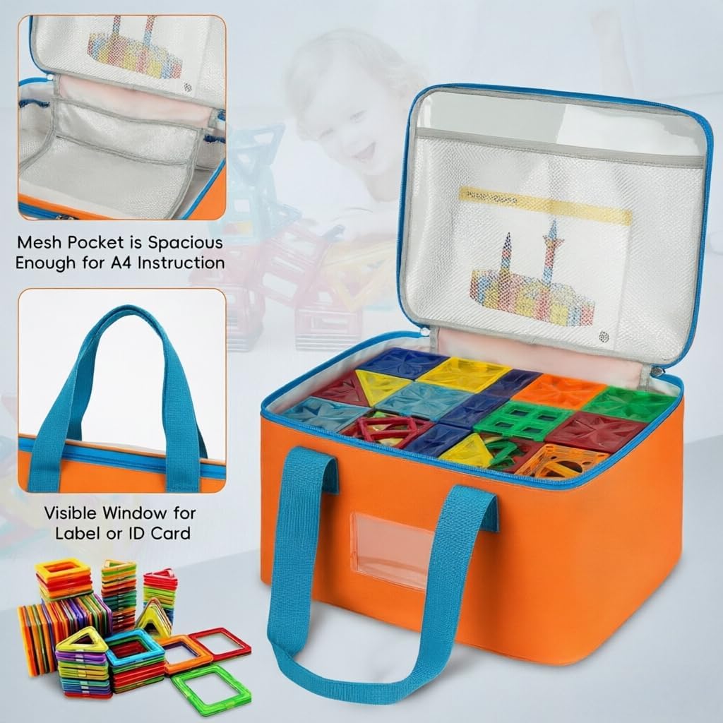 4-Pack Large Capacity Toy Storage Bags with Mesh & Label Pockets, Durable Portable Organizer Bins for Magnetic Tiles, Puzzles, Board Games, Kids Toy Organization for Home Classroom Travel