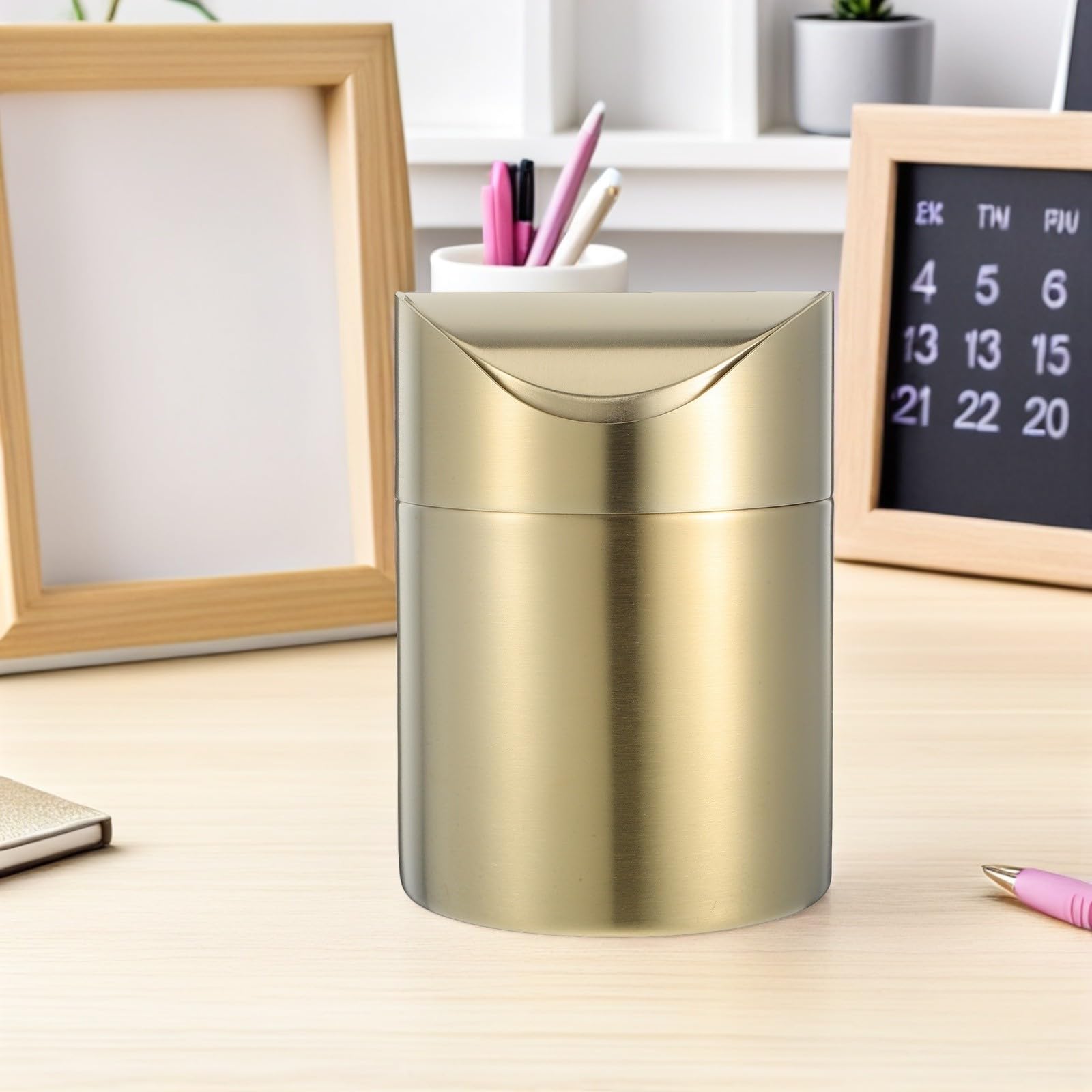 COHEALI 2 Stück Mülleimer für Arbeitsplatte aus Edelstahl mit Deckel zur Geruchskontrolle Vielseitig Einsetzbar für Auto und Schminktisch Kompakter Abfalleimer in Gold