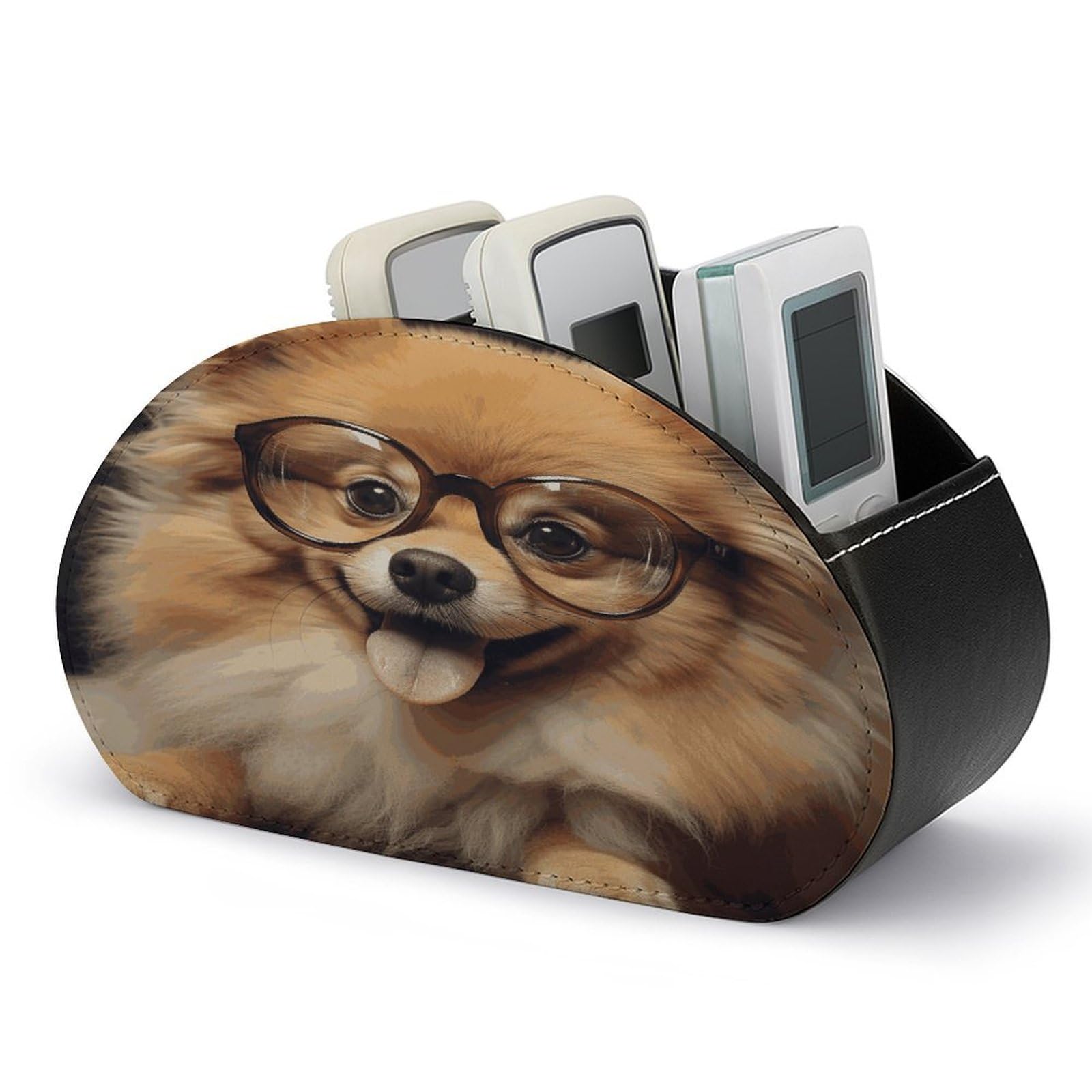 Pomeranian Dog Wearing Glasses Remote Control Holder with 5 Compartments Multi-functional TV Remote Caddy Organizer Leather TV Remote Holder Desktop Organizer Store for Bedside Table Office Desk