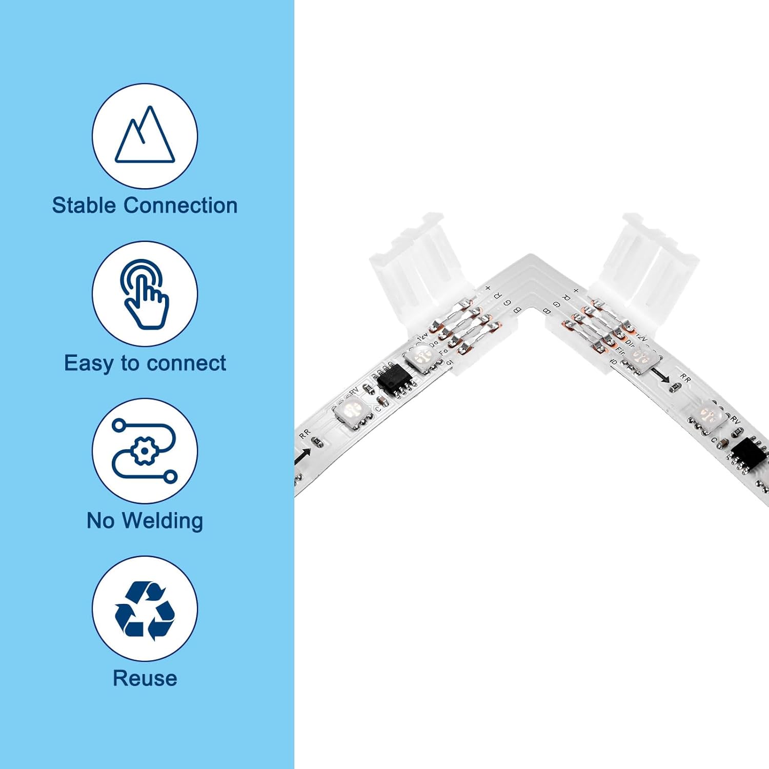M METERXITY 10-Pack L-Shape 4-Pin RGB LED Strip Lights Connectors, Solderless and Gapless Adapter Connectors for 8mm 5050 2835 Strip Lights/DIY Lighting, LED Tape Light Clips[White]