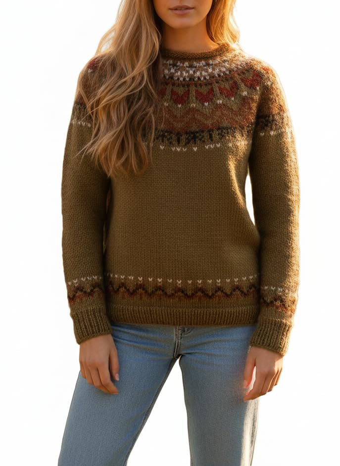 Womens Plus Size Fair Isle Long Sleeve Sweaters Casual Nordic Icelandic Sweden Warm Knit Top Boho Crewneck Pullover