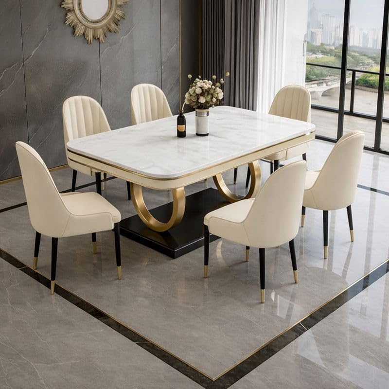 Image of 6-Seater Dining Table with Nano Composite Marble Top and PVC Golden Wooden Base |2yr Warranty - Includes 6 Fabric Upholstered Chairs (Cream, White Marble Top)