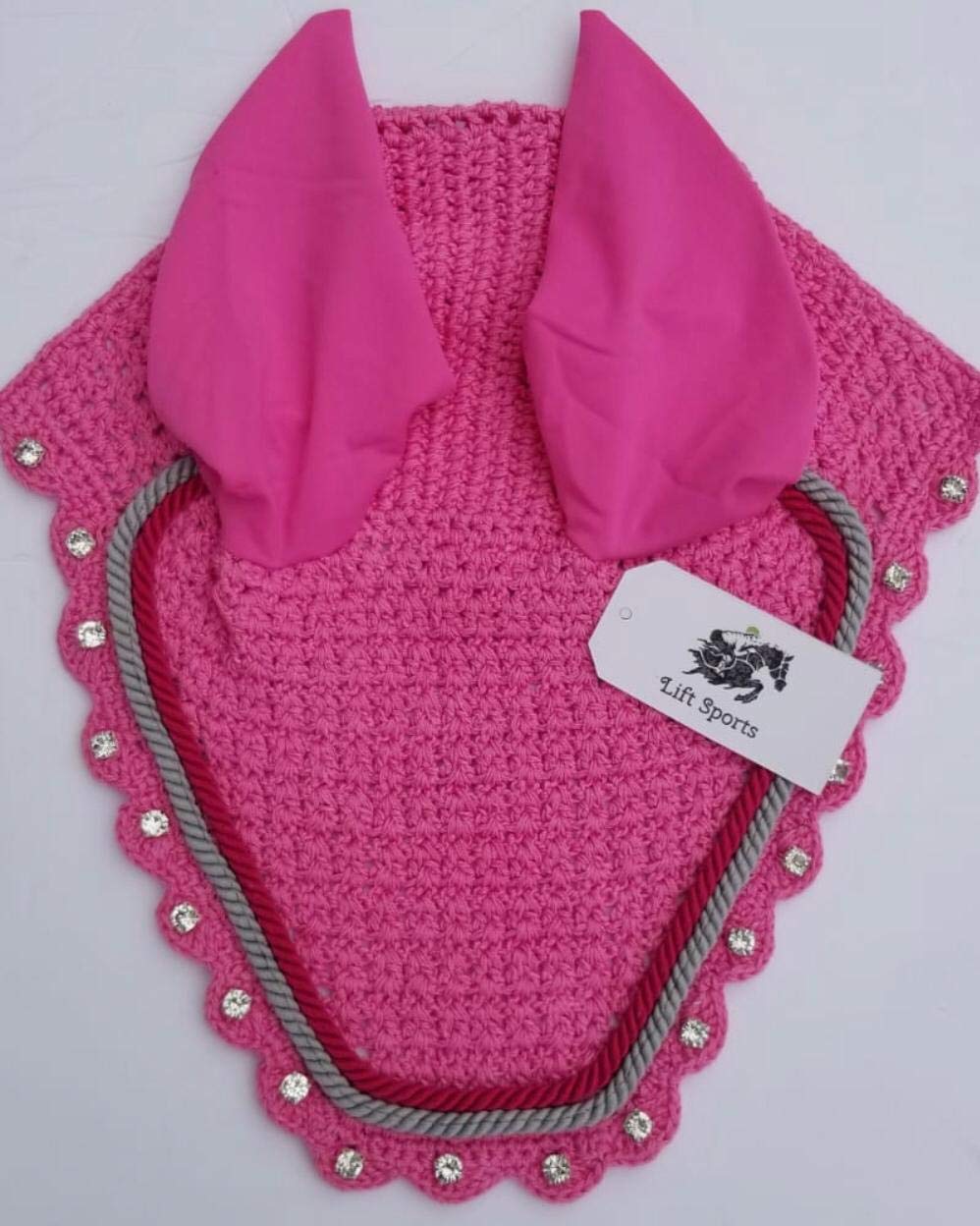 Horse Fly Bonnet with Ears Net Mask Veil with Crystals Blings Hand Made Breathable Cotton Crochet Shows Protect from Bugs and Flies (Cob, Pink)